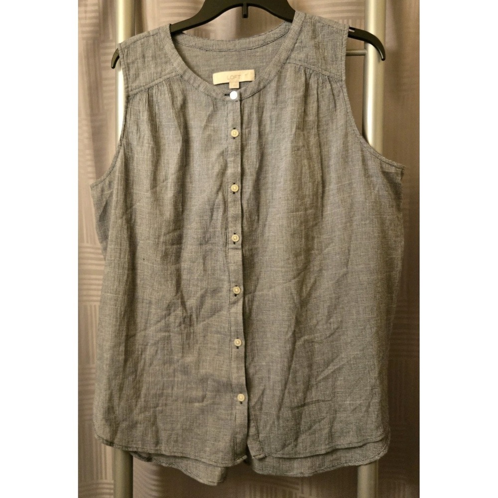 Loft Navy Checked Sleeveless Mandarin Collar Button Shirt Sz Large L Lightweight